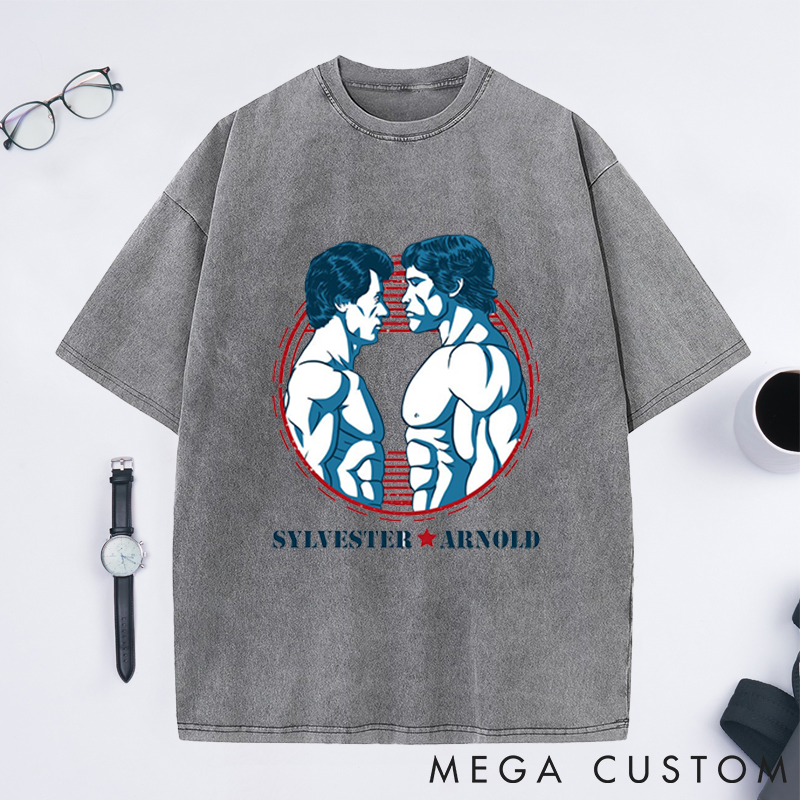 Personalized Bodybuilders Washed T-Shirts with Retro Fitness Icons Face Off for Fitness Enthusiasts Bodybuilders and Gym Lovers
