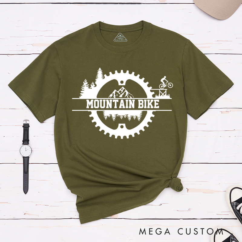 Personalized Mountain Bike Adventure T-Shirt with Forests Cyclist Silhouette for Outdoor Adventures Riding Cycling Biking Enthusiasts