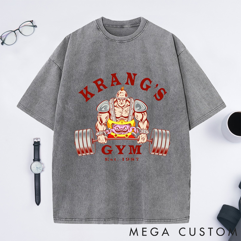 Personalized Gym Washed T-Shirts with Bold Alien Bodybuilder Lifting Design for Fitness Enthusiasts Bodybuilders and Gym Lovers