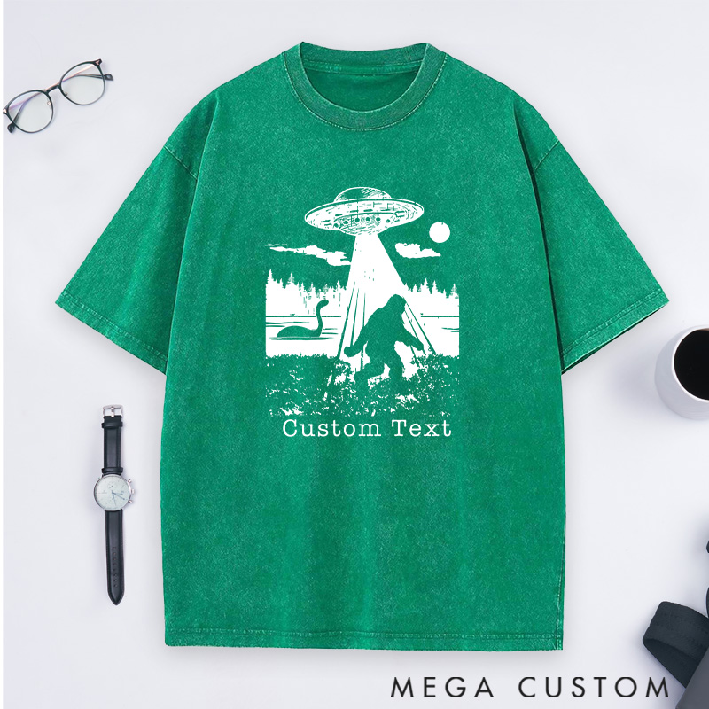Personalized Funny Bigfoot Loch Ness Monster Alien Washed T-Shirts Gift for Hiking Camping Adventure Lovers
