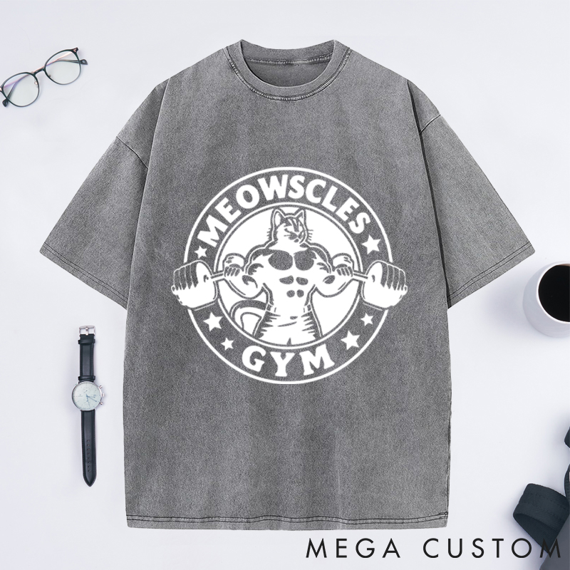 Personalized Gym Washed T-Shirts with Buff Cat Lifting Dumbbells Design for Fitness Enthusiasts Bodybuilders and Gym Lovers