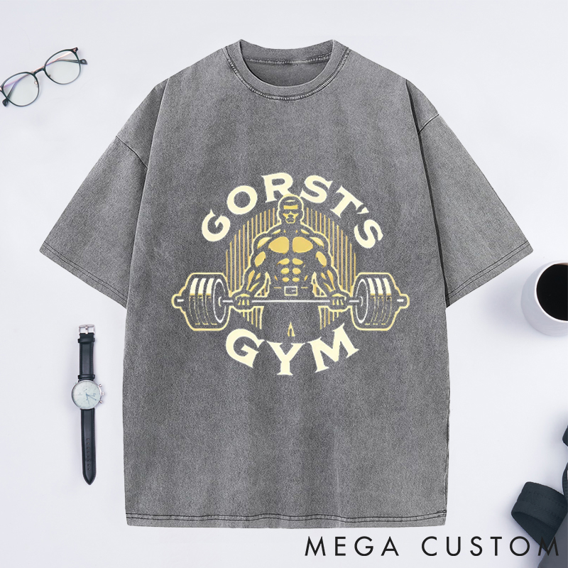 Personalized Powerful Bodybuilder Washed T-Shirts with Barbell Design for Fitness Enthusiasts Bodybuilders and Gym Lovers