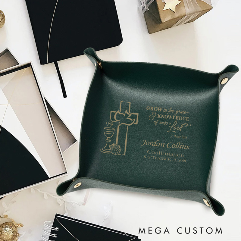 Personalized Cross Dove Leather Folding Storage Tray with Name and Date Confirmation Gift Christening Religious Gift for Christian