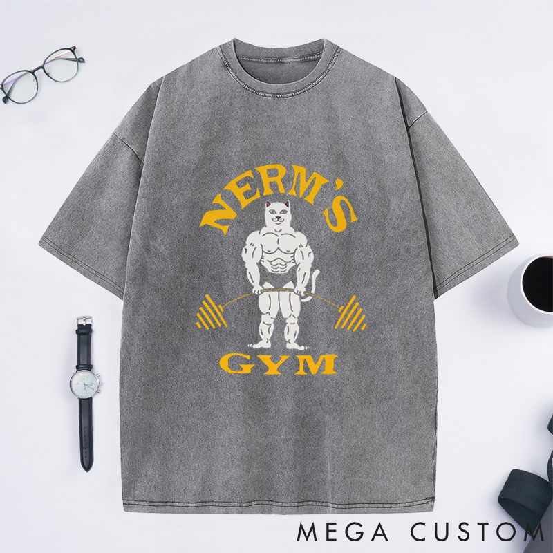 Personalized Barbell Design Washed T-Shirts with Muscular Cartoon Character for Fitness Enthusiasts Bodybuilders and Gym Lovers