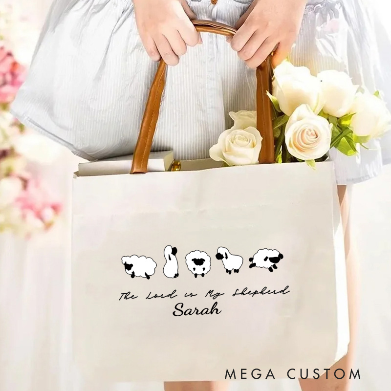 Personalized The Lord is My Shepherd Canvas Tote Bag with Name and Leather Handle Travel Accessories Religious Ceremonies Gift for Women Christian