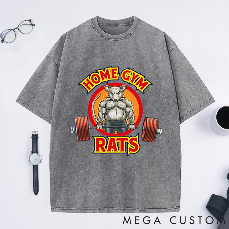 Personalized Gym Washed T-Shirts with Muscular Rat Lifting Barbell Design for Fitness Enthusiasts Bodybuilders and Gym Lovers