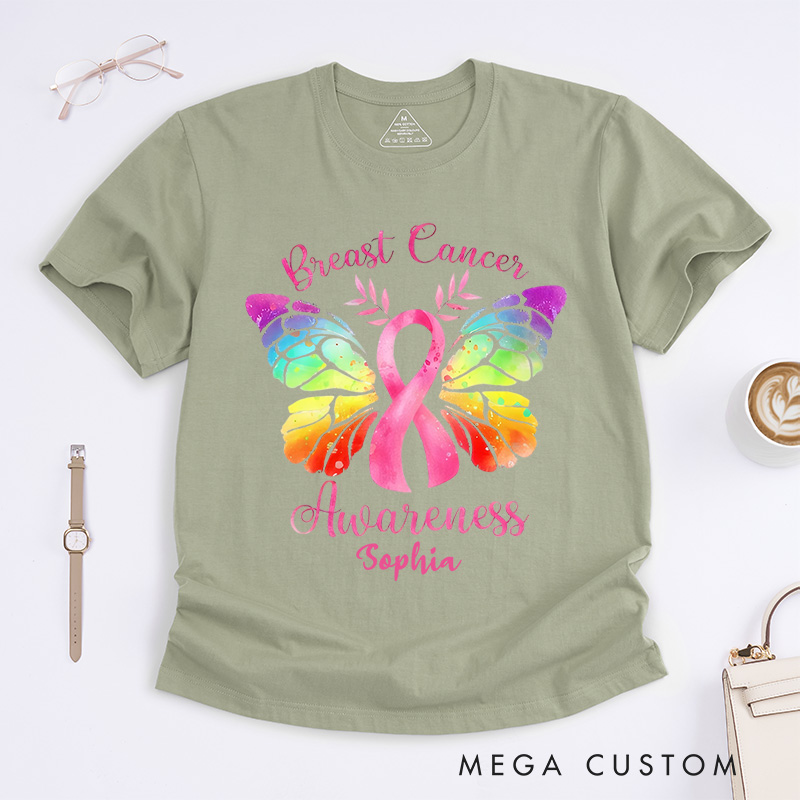 Personalized Pink Ribbon Butterfly Breast Cancer T-Shirt Survivor Ribbon Gift