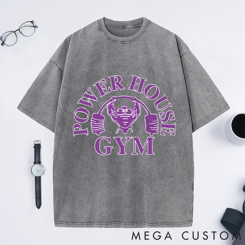 Personalized Power House Gym Washed T-Shirts with Bold Purple Bodybuilder Design for Fitness Enthusiasts Bodybuilders and Gym Lovers