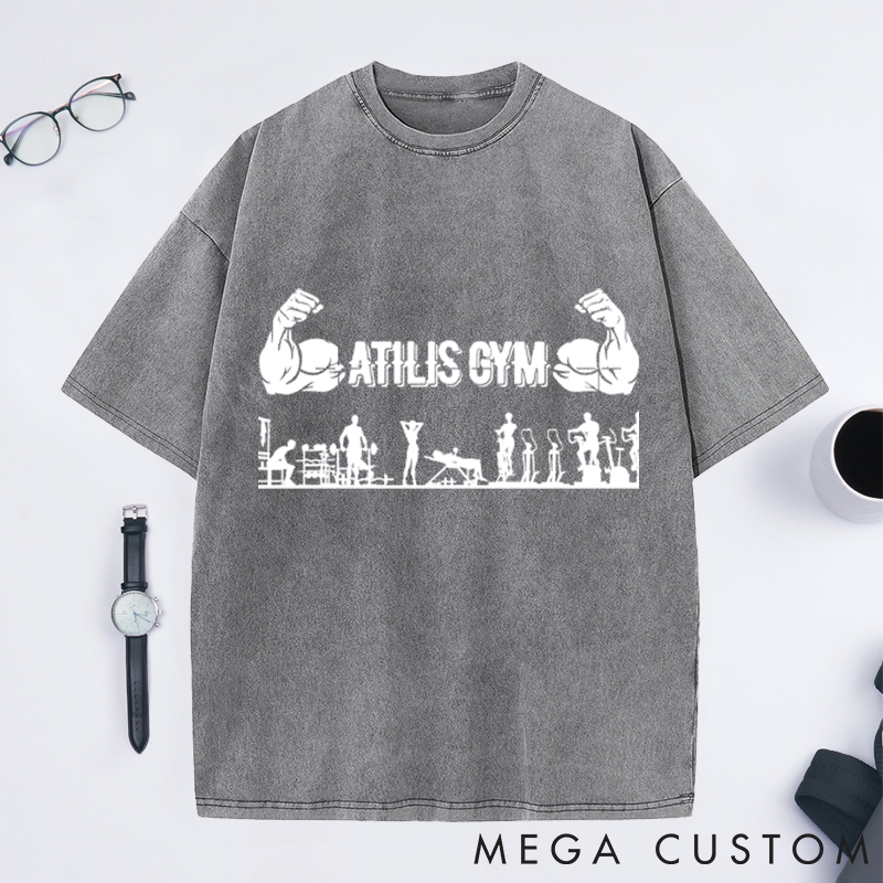 Personalized Gym Washed T-Shirts with Bold Muscle and Fitness Silhouette Design for Fitness Enthusiasts Bodybuilders and Gym Lovers