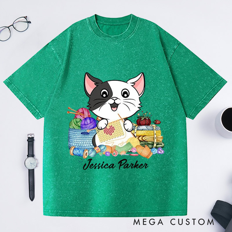 Personalized I Love Knitting And Cat Washed T-Shirts Knit Gift Knitting Gift Knitter Gift Love To Knit Love Knitting Knit Lover