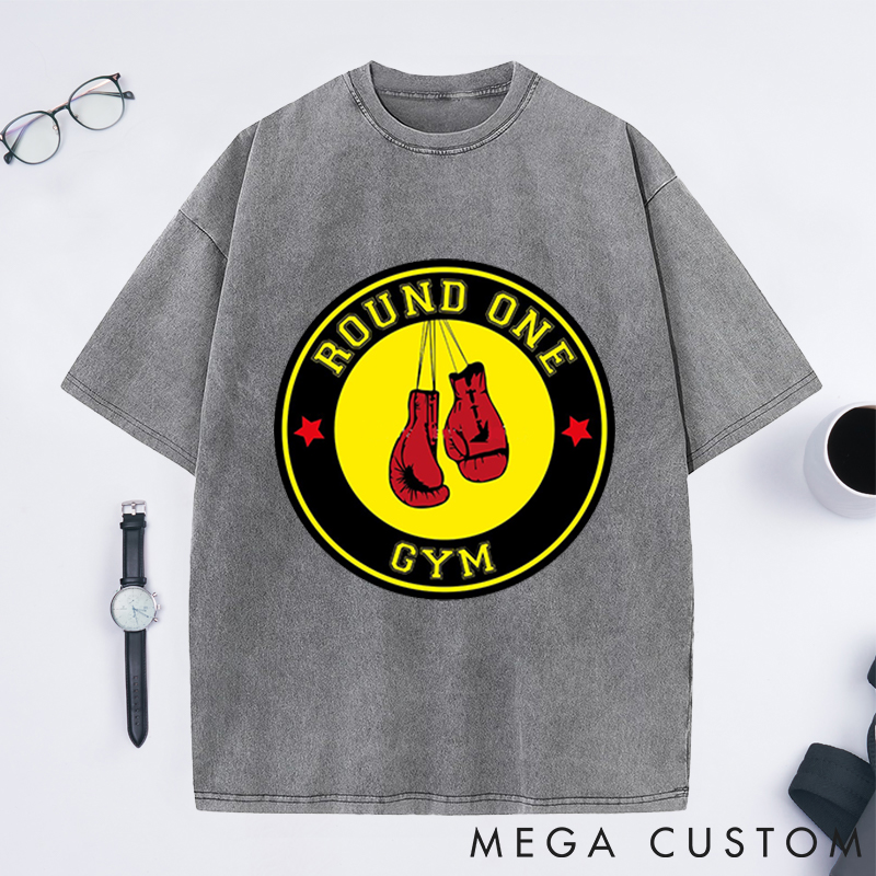 Personalized Round One Gym Washed T-Shirts with Classic Boxing Gloves Design for Fitness Enthusiasts Bodybuilders and Gym Lovers