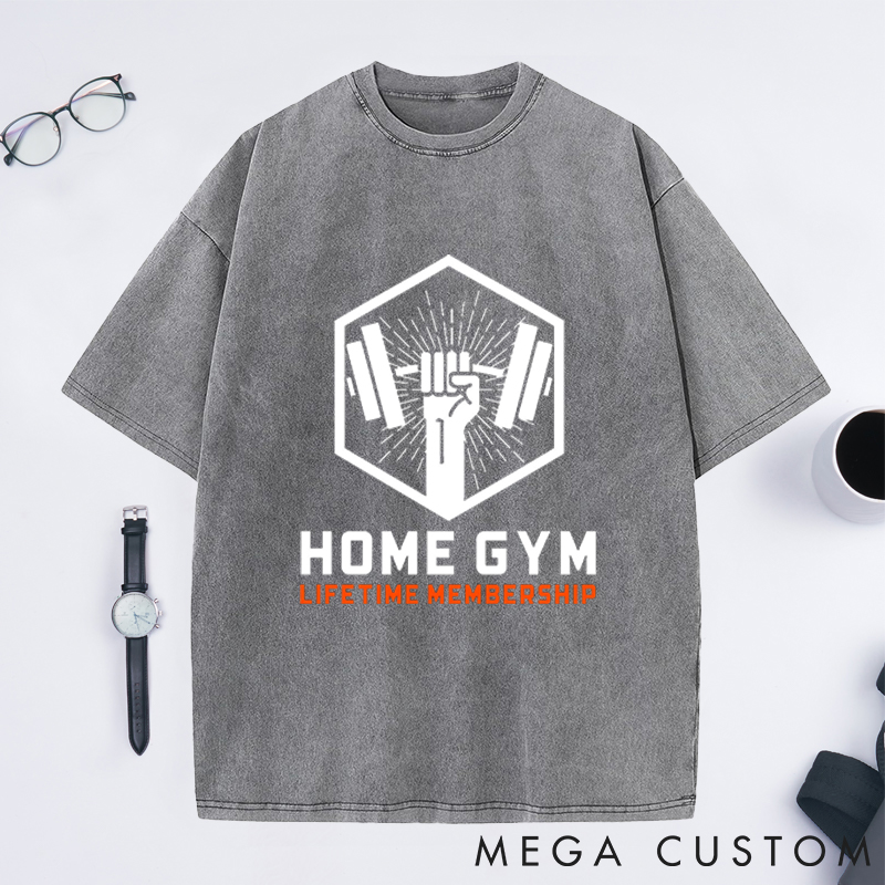 Personalized Gym Washed T-Shirts with Lifetime Membership Bold Barbell Design for Fitness Enthusiasts Bodybuilders and Gym Lovers