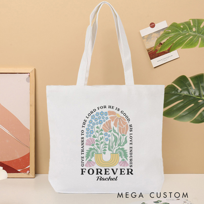 Personalized Psalm 136:1 Bible Verse Canvas Tote Bag with Name Floral Boho Style Tote Bag Birthday Gift Religious Gift for Women