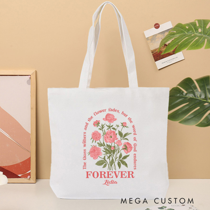 Personalized Isaiah 40:8 Bible Verse Tote Bag Vintage Floral Canvas Tote Bag with Name Religious Gift Birthday Gift for Women and Girls