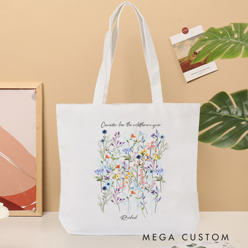 Personalized Botanical Floral Wildflowers Canvas Tote Bag with Name Religious Gift Birthday Gift for Christian Women