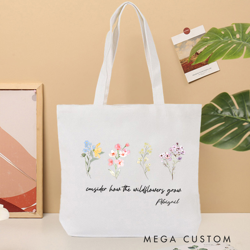 Personalized Luke 12:27 Bible Verse Flora Affirmation Canvas Tote Bag with Name Religious Inspirational Gift for Female Friends