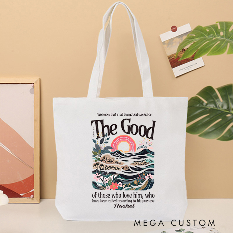 Personalized Romans 8:28 Bible Verse Canvas Tote Bag with Hills and Fields Faith Bag Birthday Gift for Women and Girls