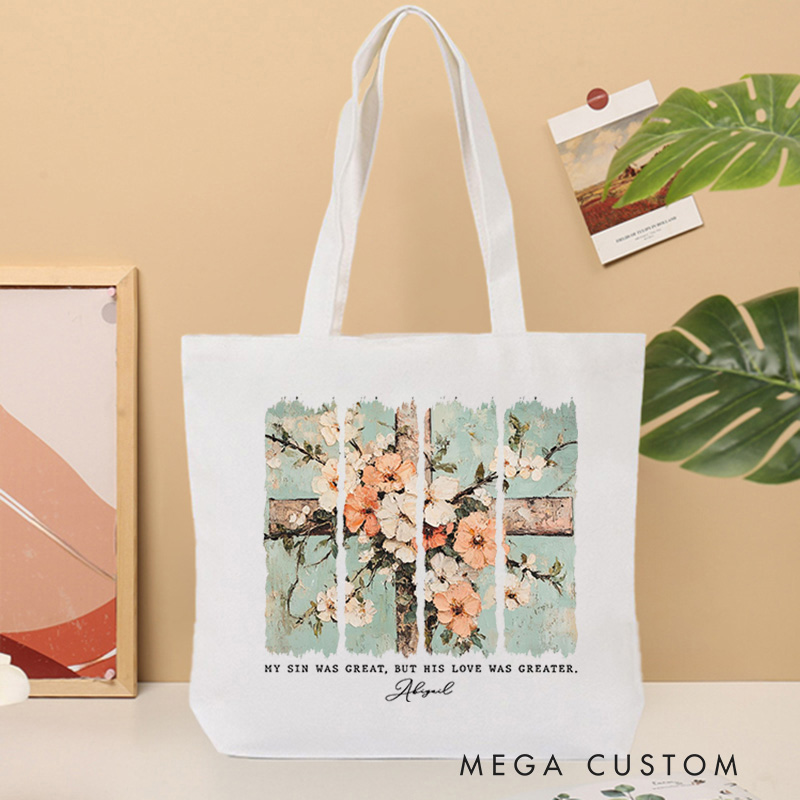 Personalized John 3:16 Bible Verse Canvas Tote Bag with Name Cross and Floral Motivational Quote Tote Bag Religious Gift for Female Friends