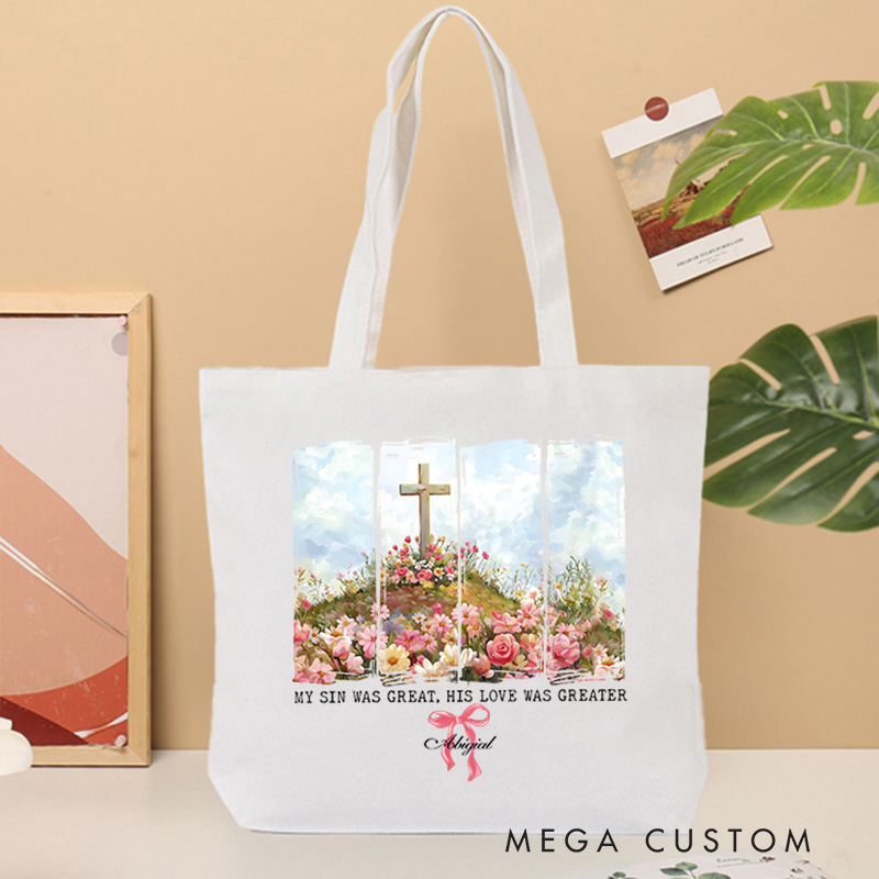 Personalized My Sin Was Great His Love Was Greater Canvas Tote Bag with Name Spiritual Gift Birthday Gift for Female Friends