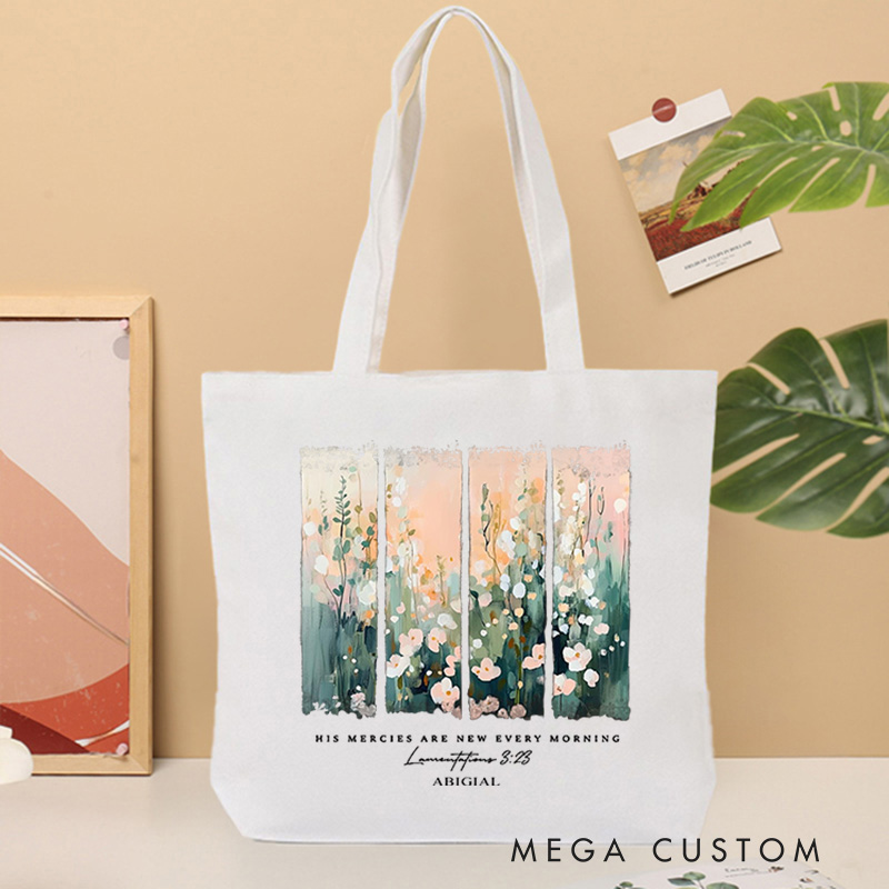 Personalized His Mercies Are New Every Morning Bible Verse Canvas Tote Bag with Name Floral Jesus Bag Prayer Quote Gift Birthday Gift for Girls