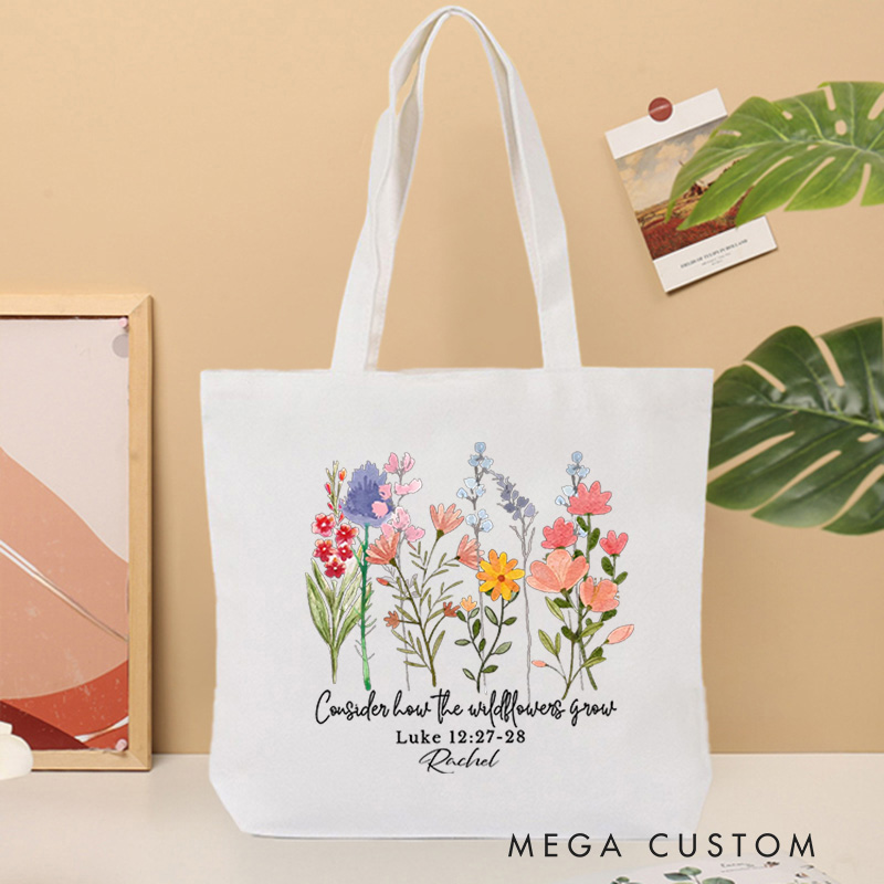 Personalized Consider How the Wildflowers Grow Bible Verse Canvas Tote Bag with Custom Name Religious Quote Gift Birthday Gift for Women