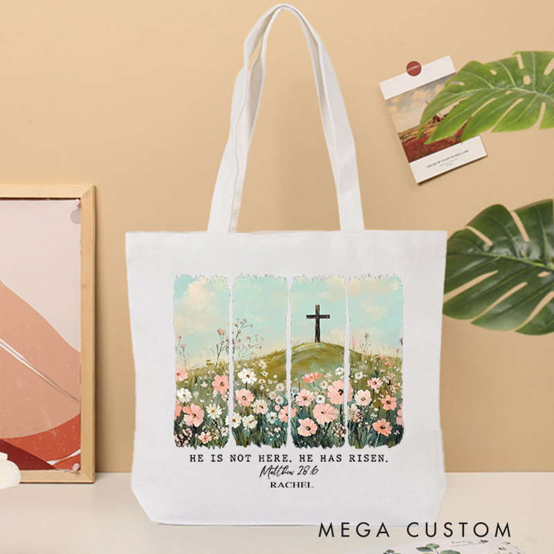 Personalized He Is Not Here He Has Risen Bible Verse Custom Name Canvas Tote Bag with Cross and Floral Blessing Gift Birthday Gift for Christian Women