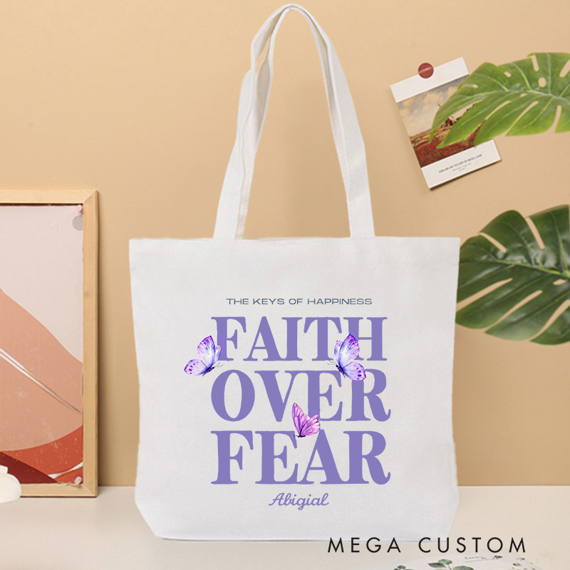 Personalized Faith Over Fear Butterflies Tote Bag with Name Religious Canvas Tote Bag Birthday Gift Faith Based Gift for Christians