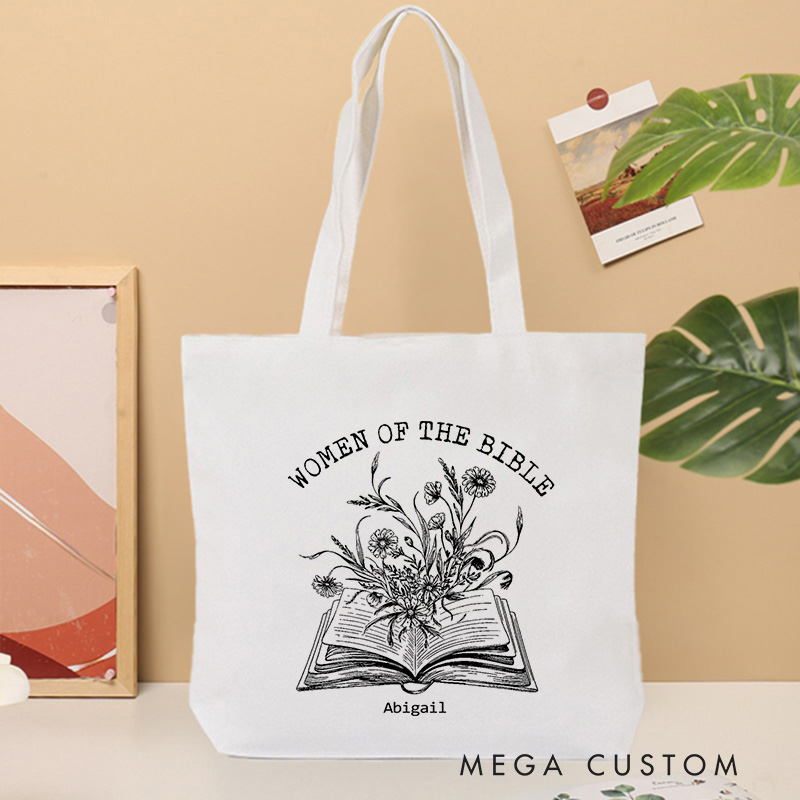 Personalized Women of the Bible Canvas Tote Bag with Floral and Book Christian Tote Bag with Name Birthday Gift Religious Gift for Her