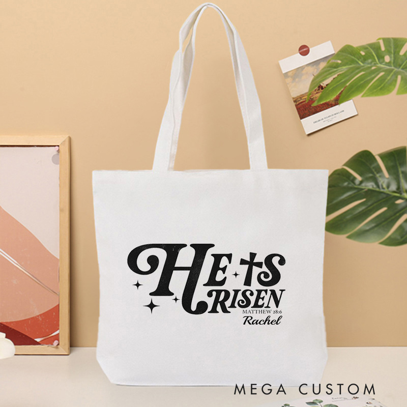 Personalized He Is Risen Canvas Tote Bag with Name Matthew 28:6 Bible Verse Tote Bag Religious Gift Easter Gift for Christians