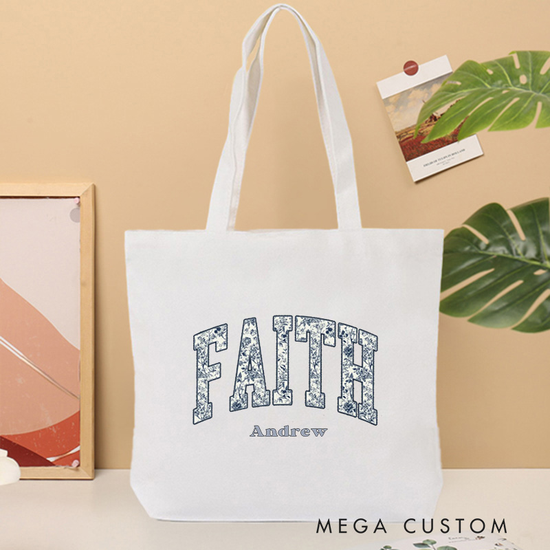 Personalized Faith Canvas Tote Bag with Name Toile Style Tote Bag   Religious Gift Birthday Gift for Women and Girls