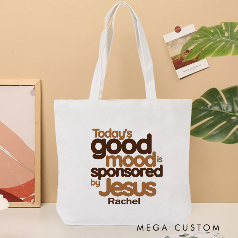 Personalized Today's Good Mood Is Sponsored by Jesus Canvas Tote Bag Retro Inspirational Tote Bag Gift of Faith Birthday Gift for Christians