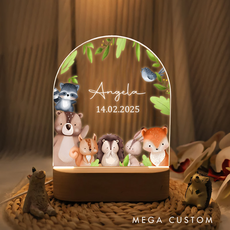 Personalized Woodland Animals Illustration Featuring Bear Rabbit and Fox for a Cozy and Warm Glow Night Lamp