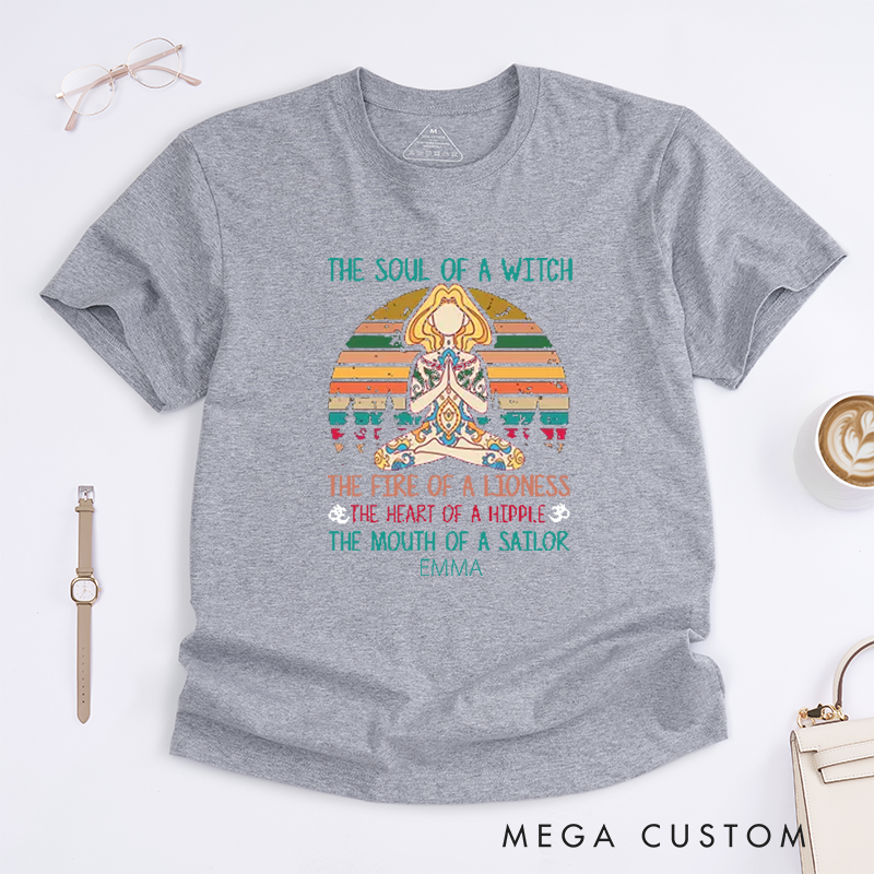Personalized The Soul Of A Witch Yoga T-Shirt Positive Yoga Lover T-Shirt Meditating Yoga Gift for Women