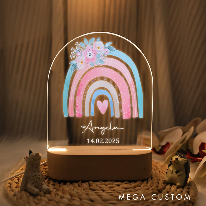 Personalized Pastel Rainbow Illustration with Floral Details for a Charming and Delightful Glow Night Lamp