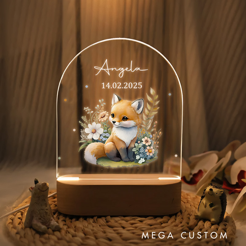 Personalized Fox Illustration Surrounded by Floral Accents for a Cozy and Enchanting Nursery Ambiance Night Lamp