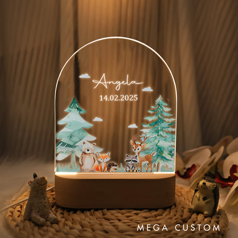 Personalized Woodland Scene Illustration Featuring Forest Animals for a Nature Inspired Glow Night Lamp