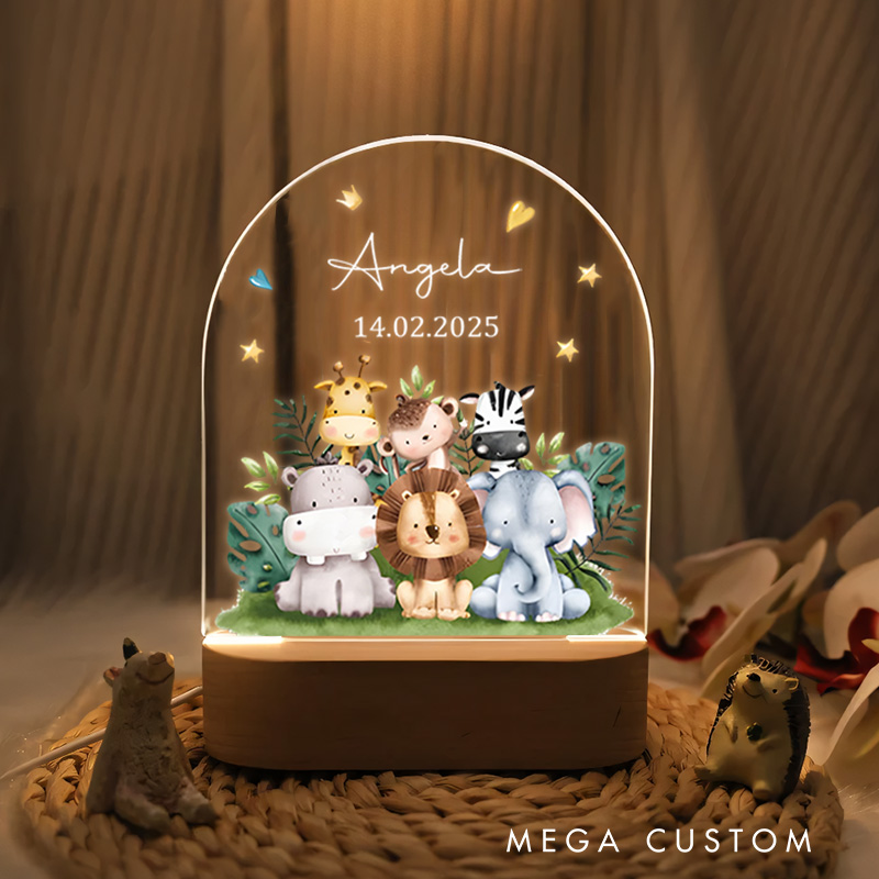 Personalized Safari Animal Group Illustration with Elephant Lion and Zebra for a Cheerful Nursery Glow Night Lamp