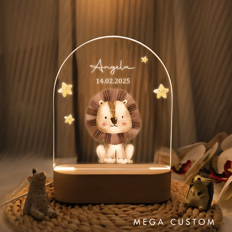Personalized Lion Illustration with Star Accents for a Bold and Enchanting Nursery Ambiance Night Lamp