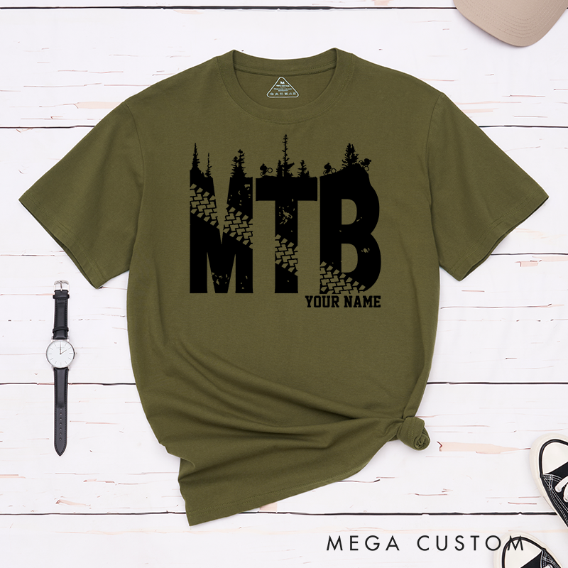 Personalized MTB Trail T-Shirt with Forest Silhouettes and Tire Tracks for Outdoor Adventures Riding Cycling Biking Enthusiasts