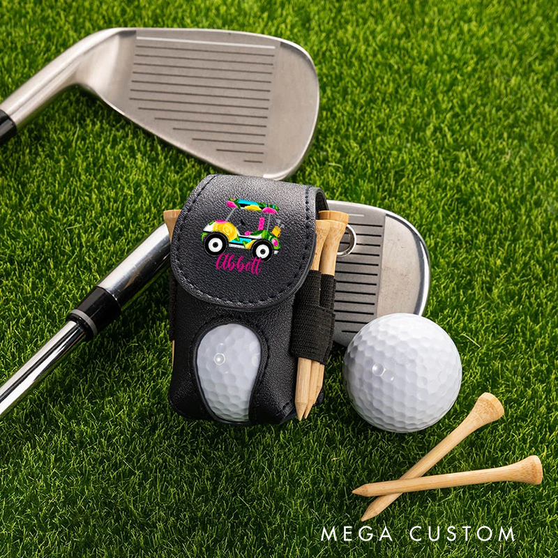 Personalized Leather Golf Ball Pouch with Custom Name and Cute Car Design