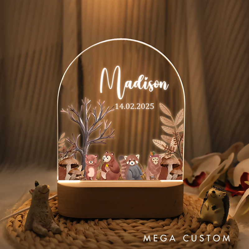 Personalized Woodland Animal Group Illustration Featuring Deer Fox and Owl for a Cozy and Enchanting Nursery Ambiance Night Lamp