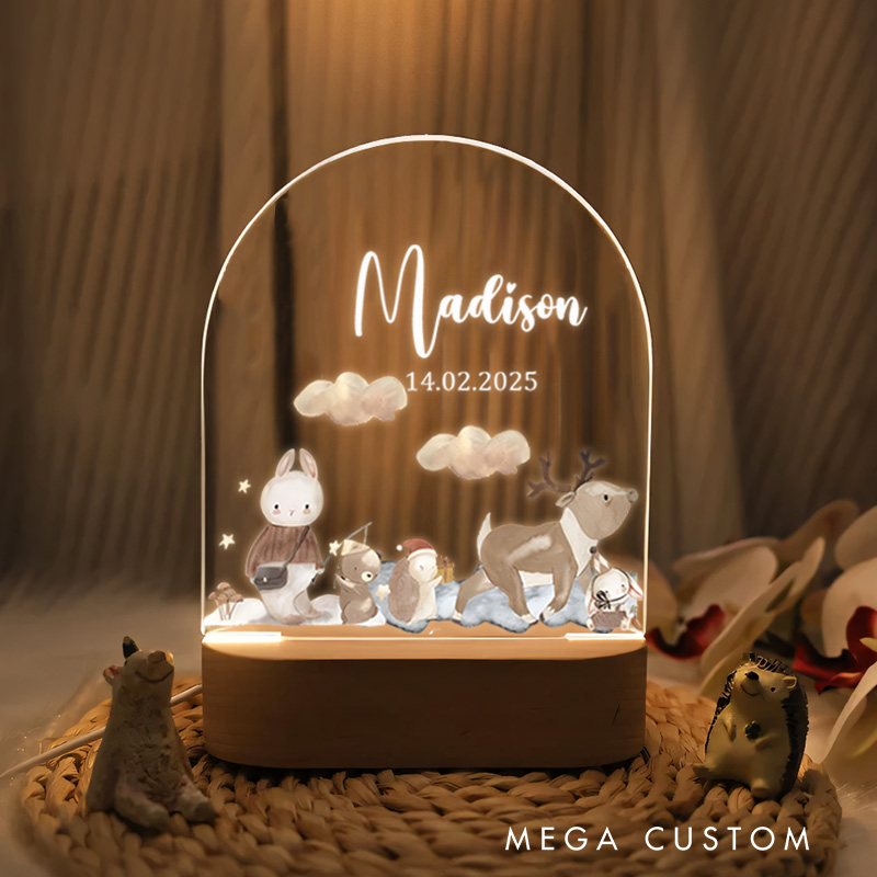 Personalized Winter Animal Group Illustration Featuring Deer Rabbit and Polar Bear for a Magical and Calm Nursery Glow Night Lamp