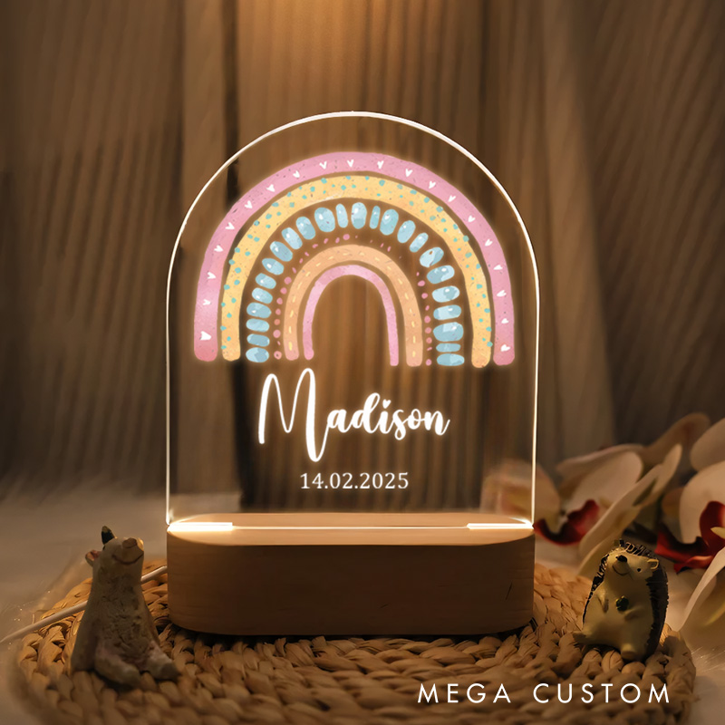 Personalized Pastel Rainbow Illustration with Decorative Patterns for a Cheerful and Delightful Nursery Glow Night Lamp