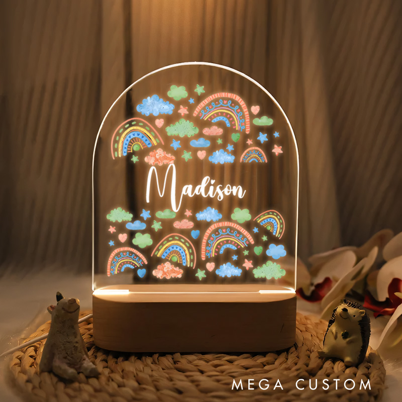 Personalized Colorful Rainbow and Cloud Illustrations with Whimsical Accents for a Vibrant and Joyful Nursery Glow Night Lamp