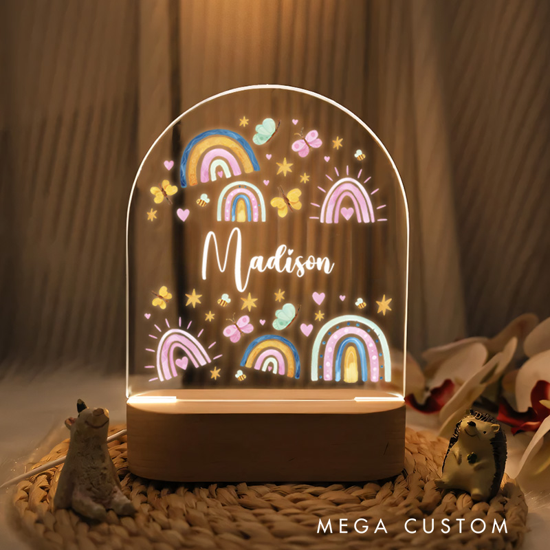 Personalized Rainbow and Cloud Illustration with Heart and Star Accents for a Bright and Cheerful Nursery Ambiance Night Lamp