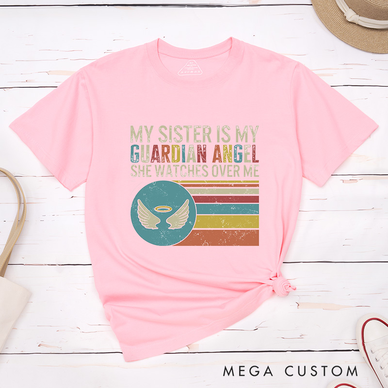 Personalized Guardian Angel Sister Memorial T-Shirt Retro Striped Wings Sympathy Gift for Grieving Sibling