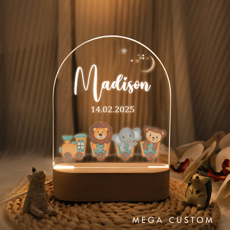 Personalized Animal Group Illustration Featuring Lion Elephant and Monkey with Moon Accents for a Magical Nursery Ambiance Night Lamp