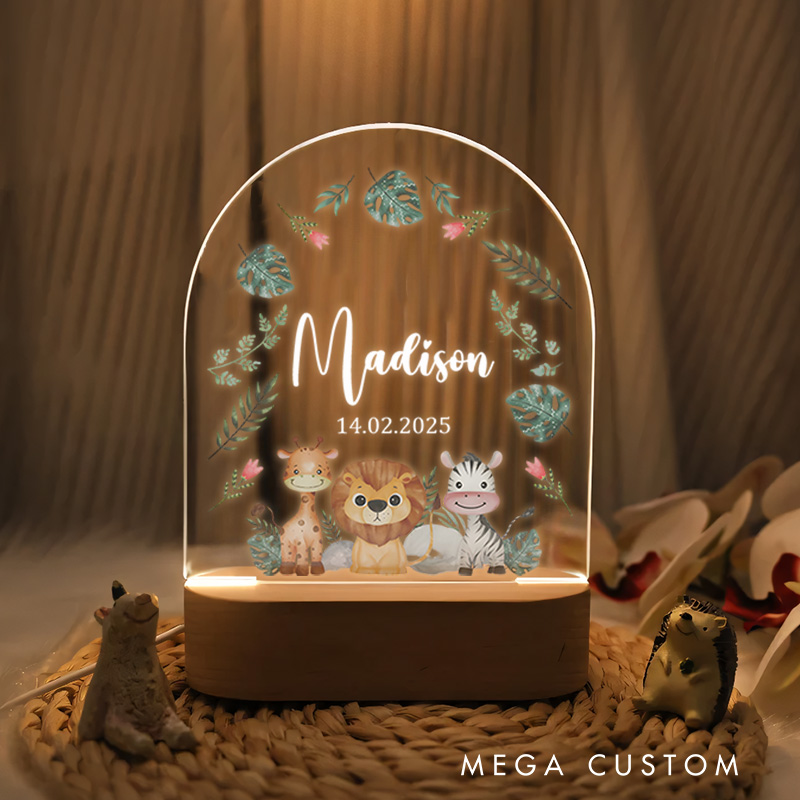 Personalized Woodland Animal Group Illustration with Floral and Leaf Accents for a Cozy and Serene Nursery Glow Night Lamp