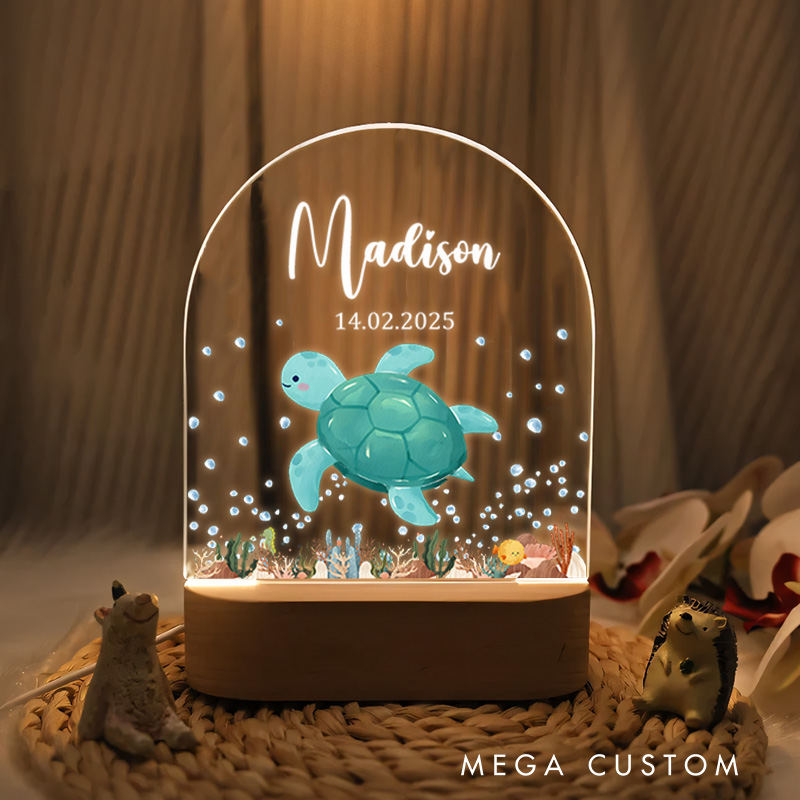 Personalized Turtle Illustration with Ocean and Nature Accents for a Whimsical and Calming Nursery Glow Night Lamp