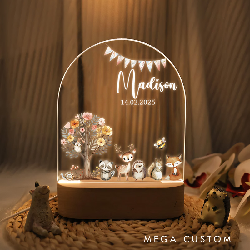 Personalized Woodland Animal Group Illustration Featuring Fox Deer and Owl with Tree Accents for a Nature Inspired Nursery Ambiance Night Lamp